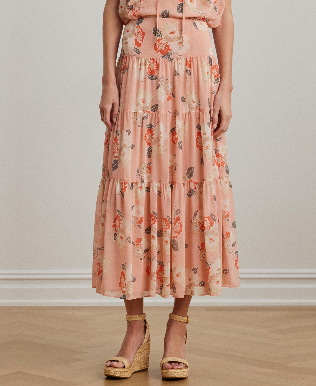Shop Ralph Lauren Women's Floral Crinkle Georgette Tiered Skirt, Regular & Petite In Pink Multi