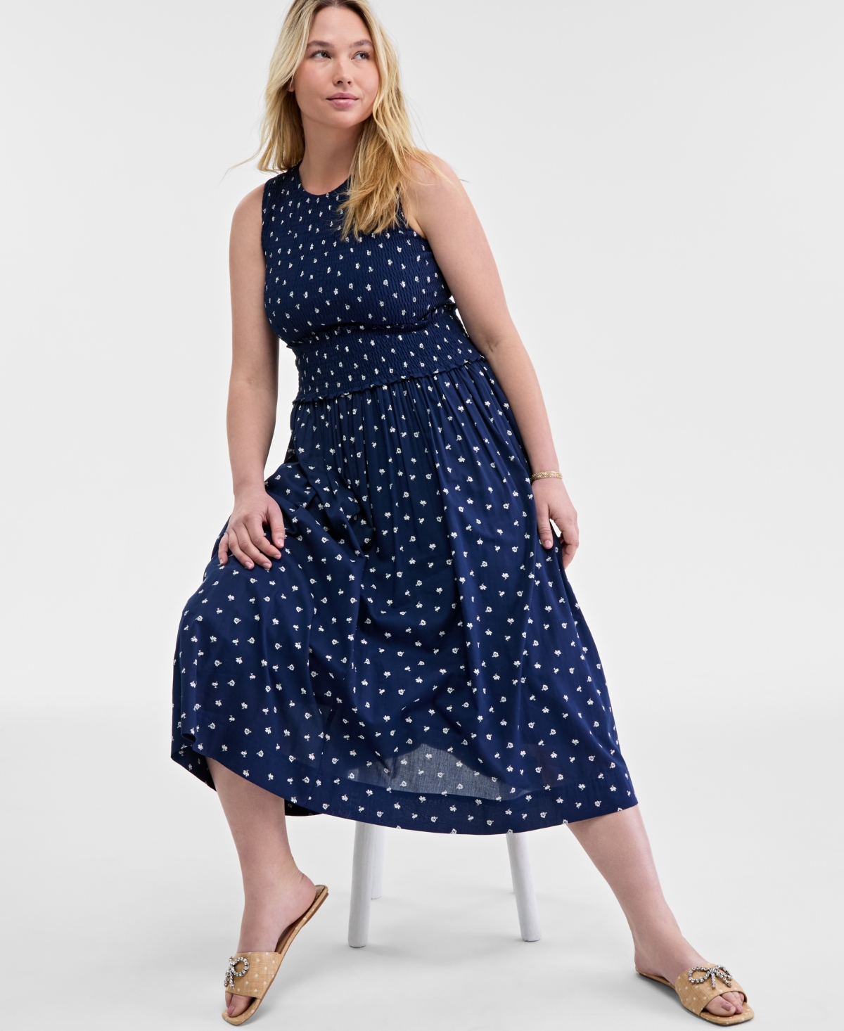 On 34th Women's Woven Printed Smocked Sleeveless Midi Dress, Exclusively At Macy's In Blazing Navy