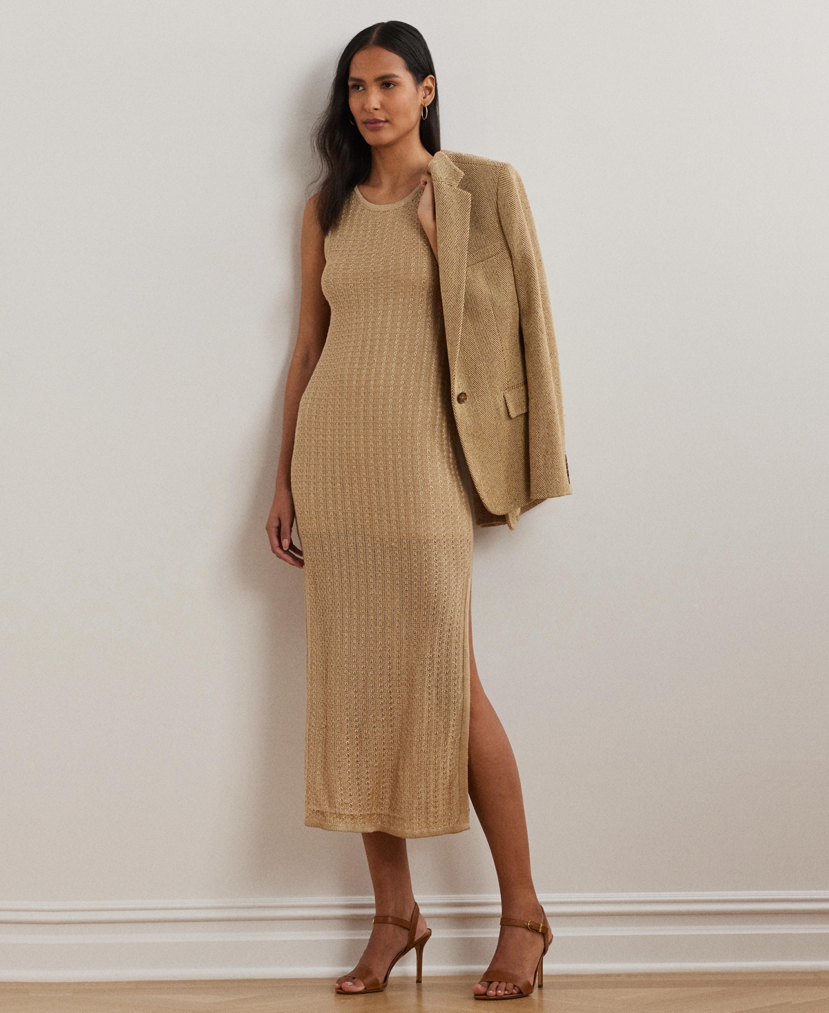 Shop Ralph Lauren Women's Pointelle-knit Sleeveless Sweater Dress In Sand Dune