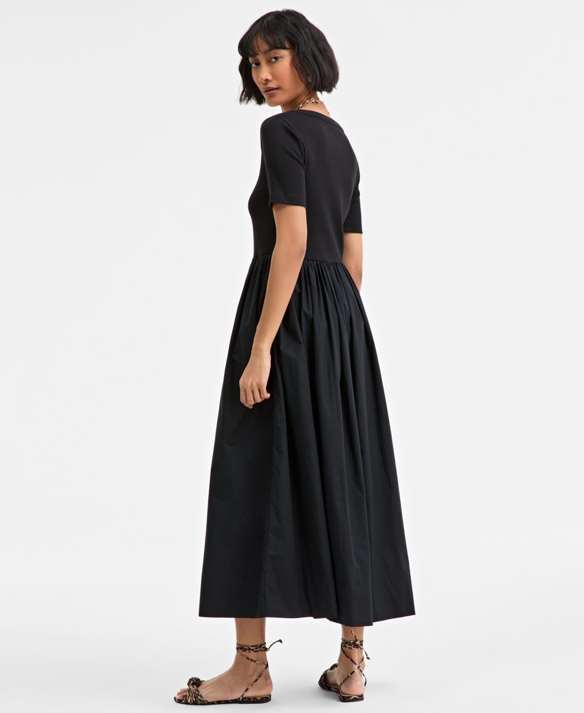 On 34th Trendy Plus Size Scoop-neck Mixed-media Midi Dress, Exclusively At Macy's In Deep Black