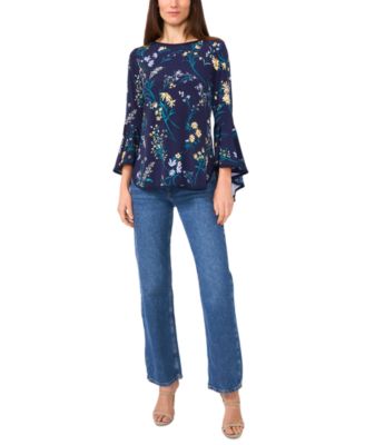 Women's Printed Crewneck 3/4-Bell-Sleeve Blouse