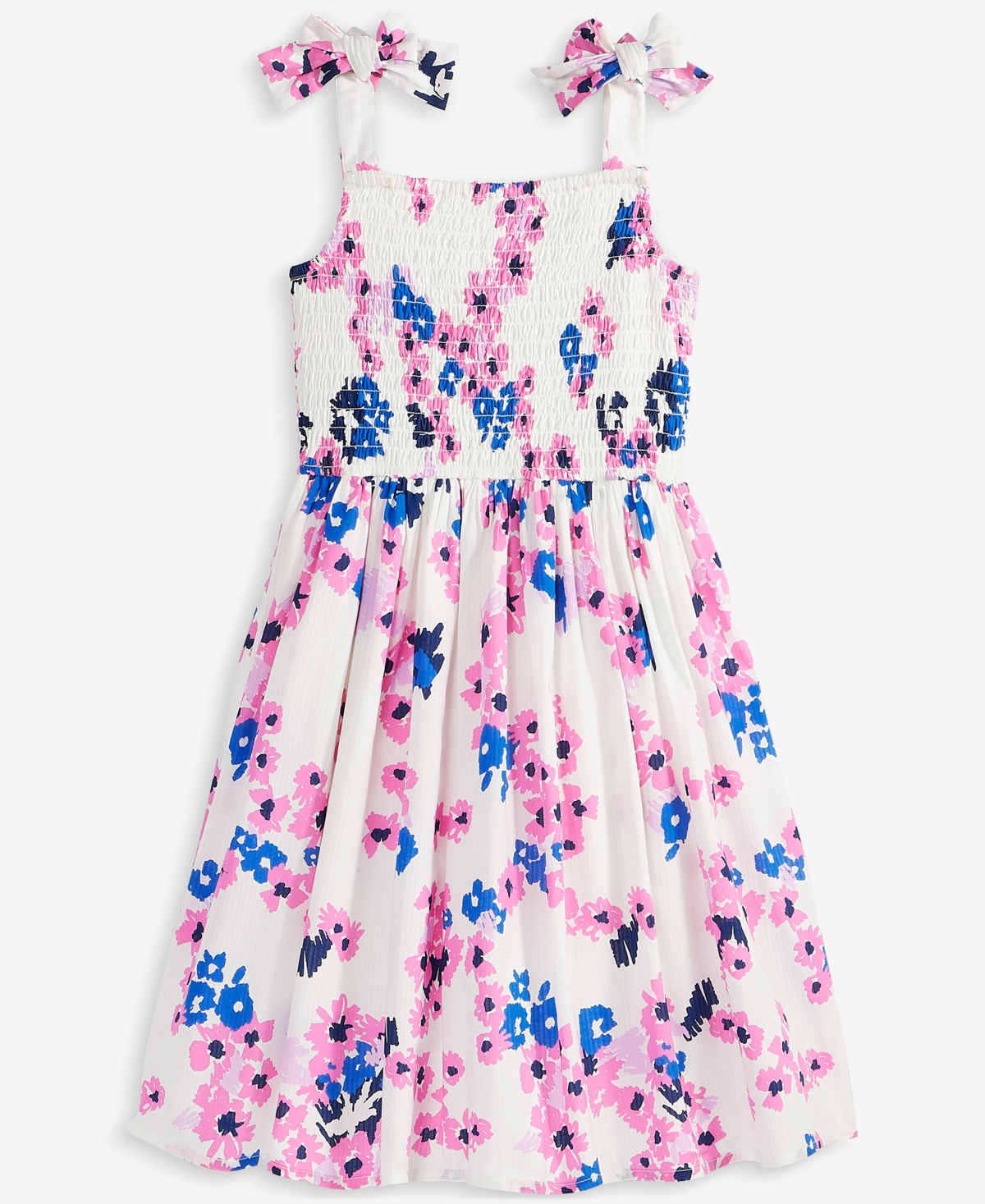 On 34th Little & Big Girls Mommy & Me Woven Cotton Sketched Bouquet-print Tie-strap Smocked Dress, Exclusive In Washed White