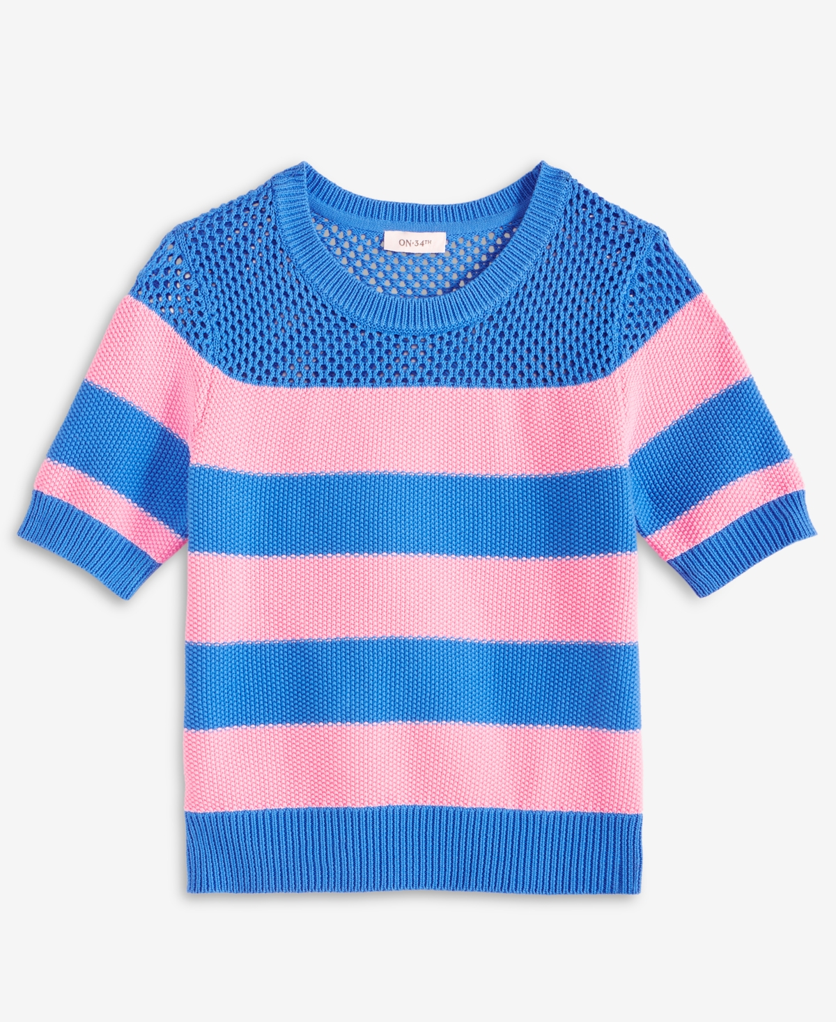 On 34th Women's Cotton Striped Perforated-stitch Sweater, Exclusively At Macy's In Beach Blue Combo