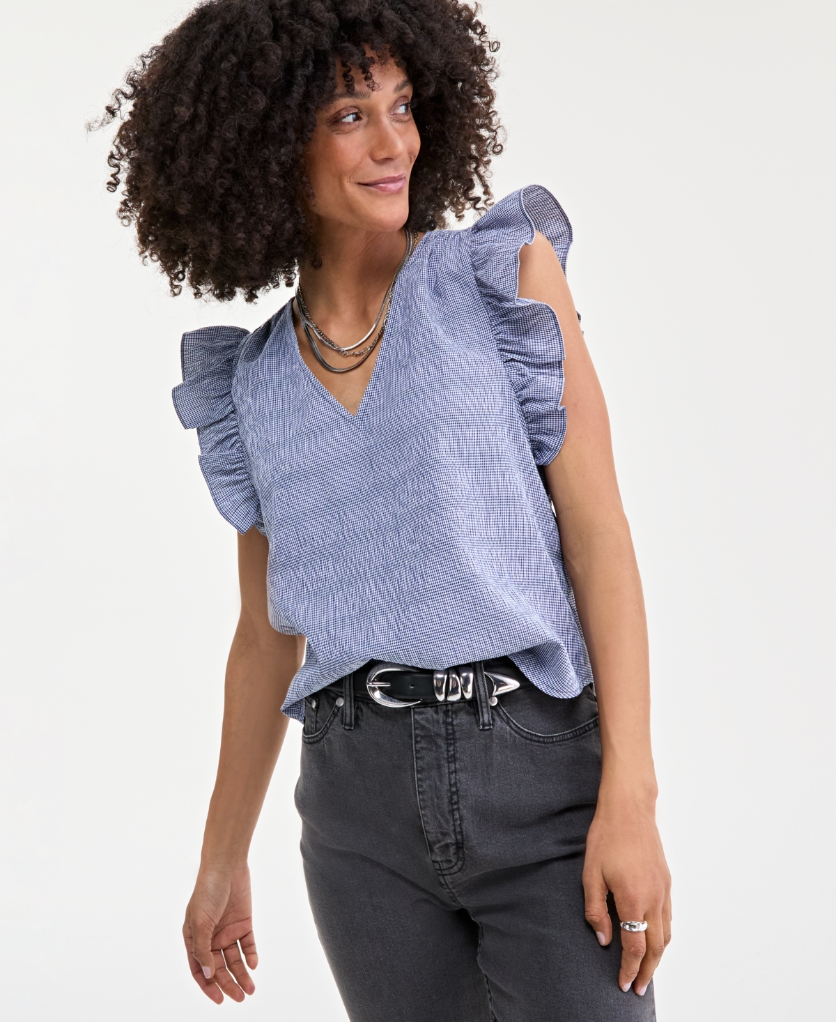 On 34th Trendy Plus Size Micro-gingham Seersucker Flutter-sleeve Top, Exclusively At Macy's In Navy Gingham