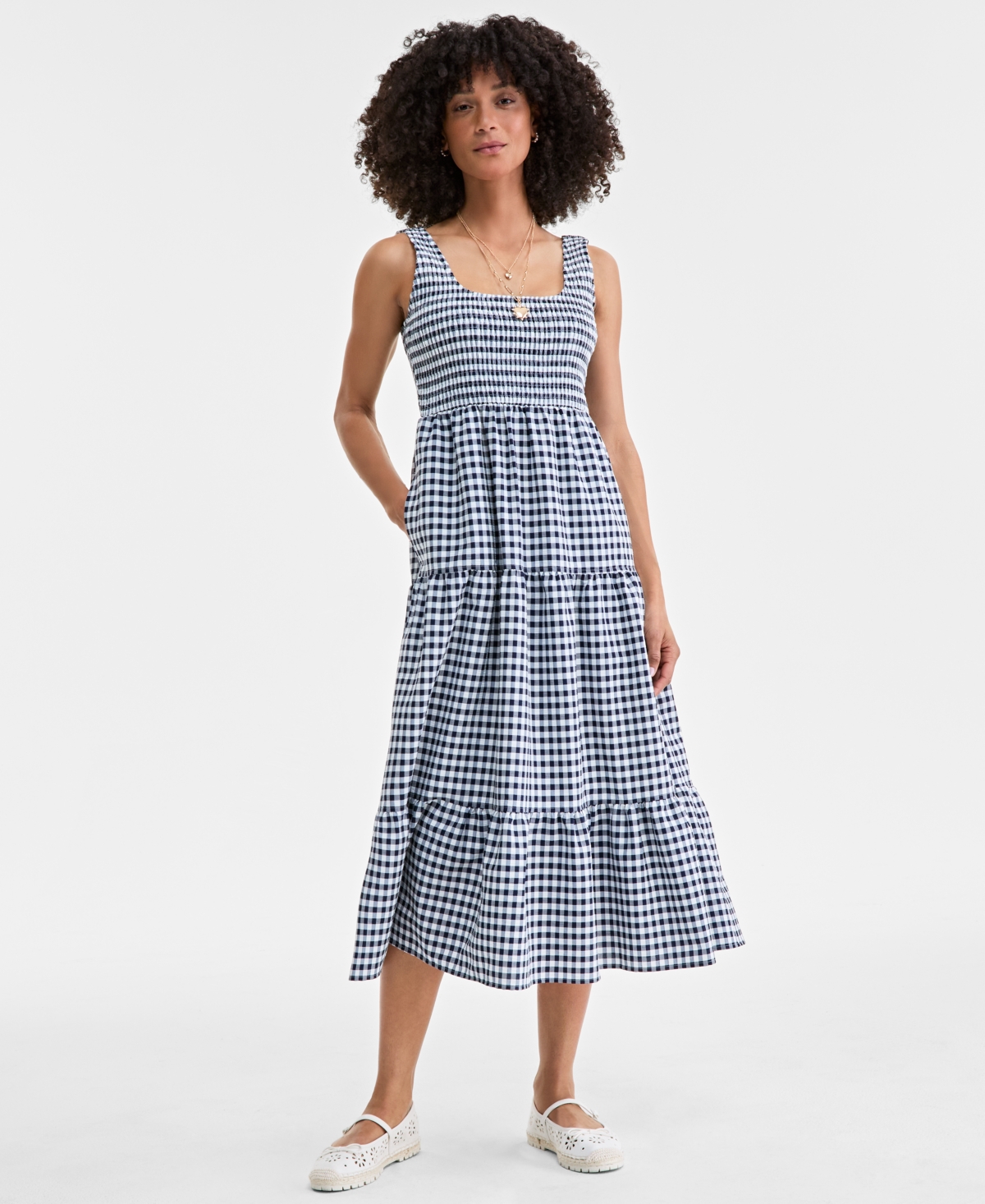 Shop On 34th Women's Woven Printed Tiered Scoop-neck Tank Midi Dress, Exclusively At Macy's In Intrepid Blue