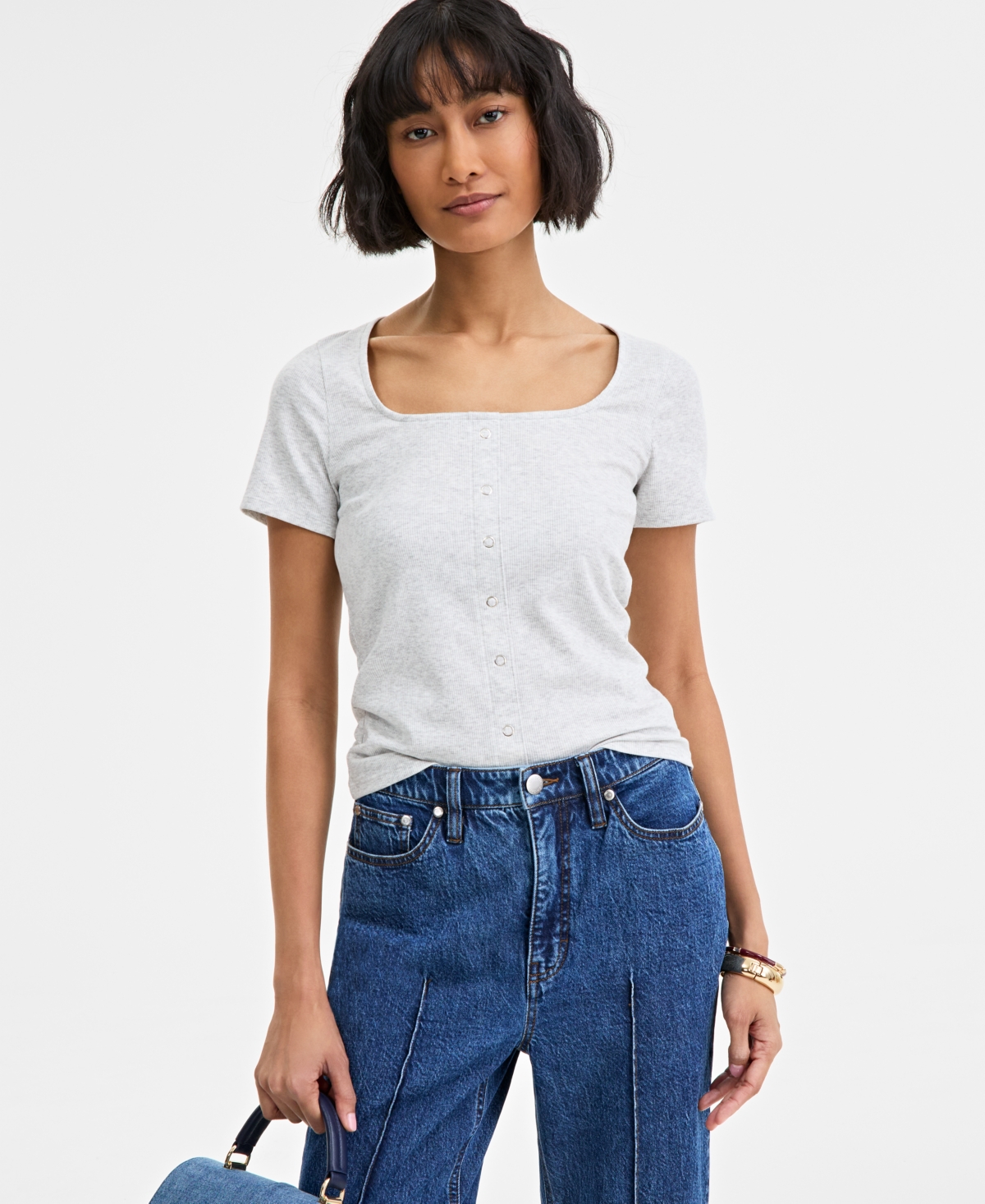 Women's Snap-Front Rib-Knit Top, Exclusively at Macy's - Bright White