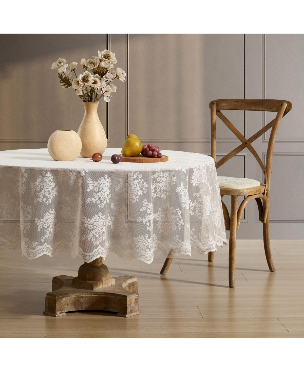 Jolene Floral Lace Fabric Tablecloth, Lace Fabric Table Cloth for Round Tables, Wrinkle Resistant Tablecloth, Patterned Scalloped Tablecloth (9