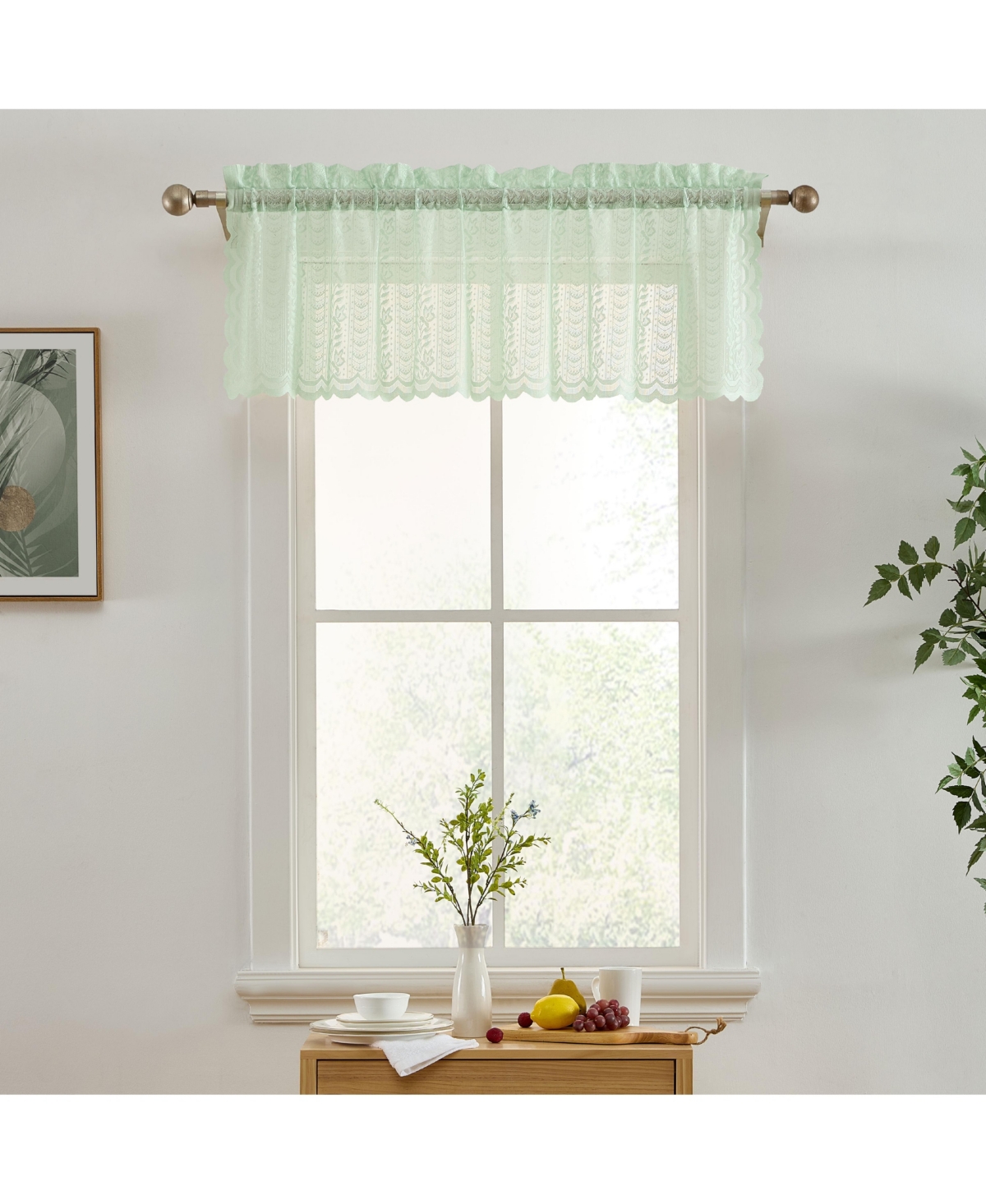 Sophia Floral Rod Pocket Lace Semi Sheer Voile Short Valance for Small Windows, Kitchen & Bathroom - 54 x 18 Inch Long (Seafoam Green Valance)