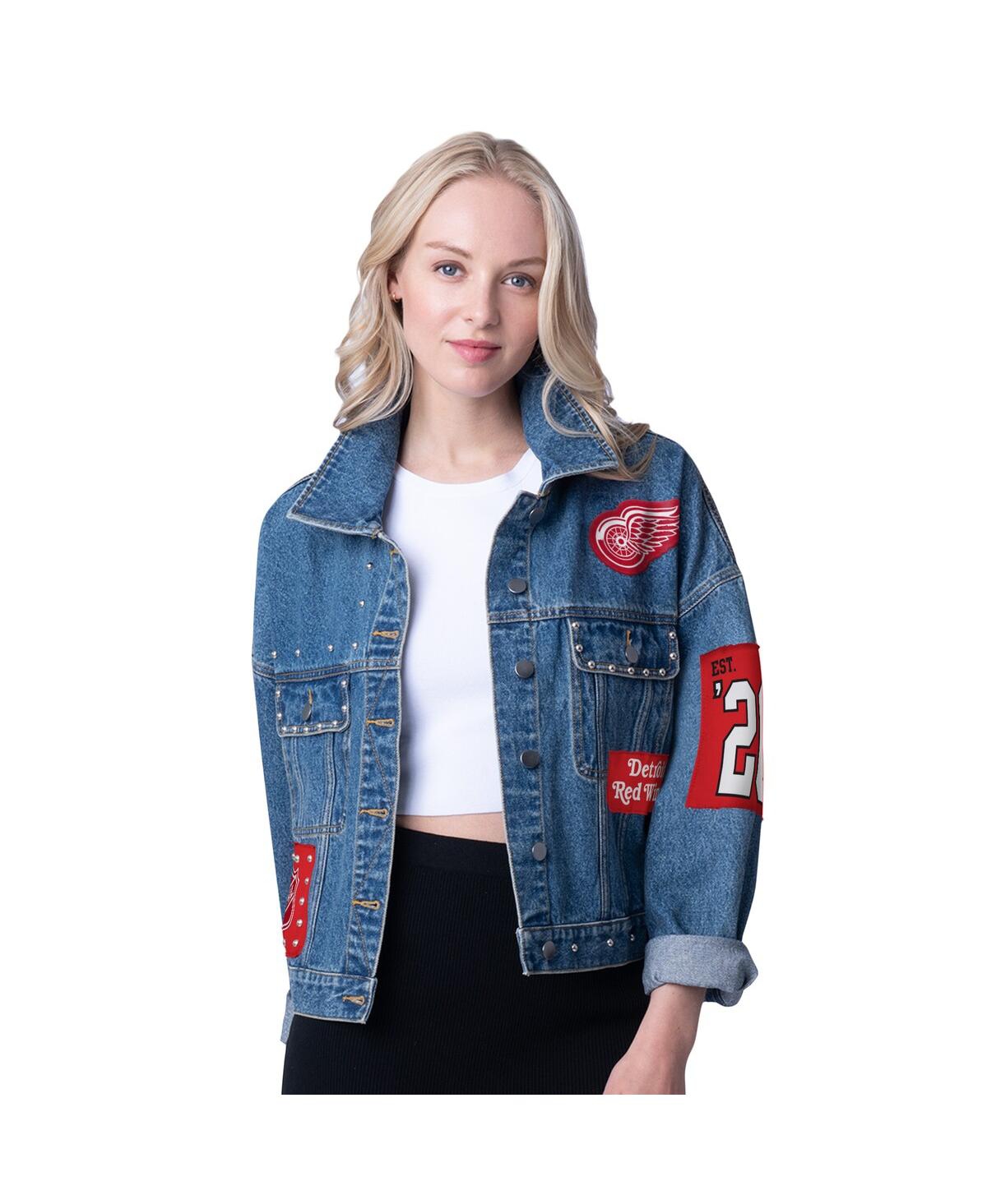 G-III 4HER BY CARL BANKS DETROIT RED WINGS GAME BALL CROPPED BUTTON-UP DENIM JACKET 
