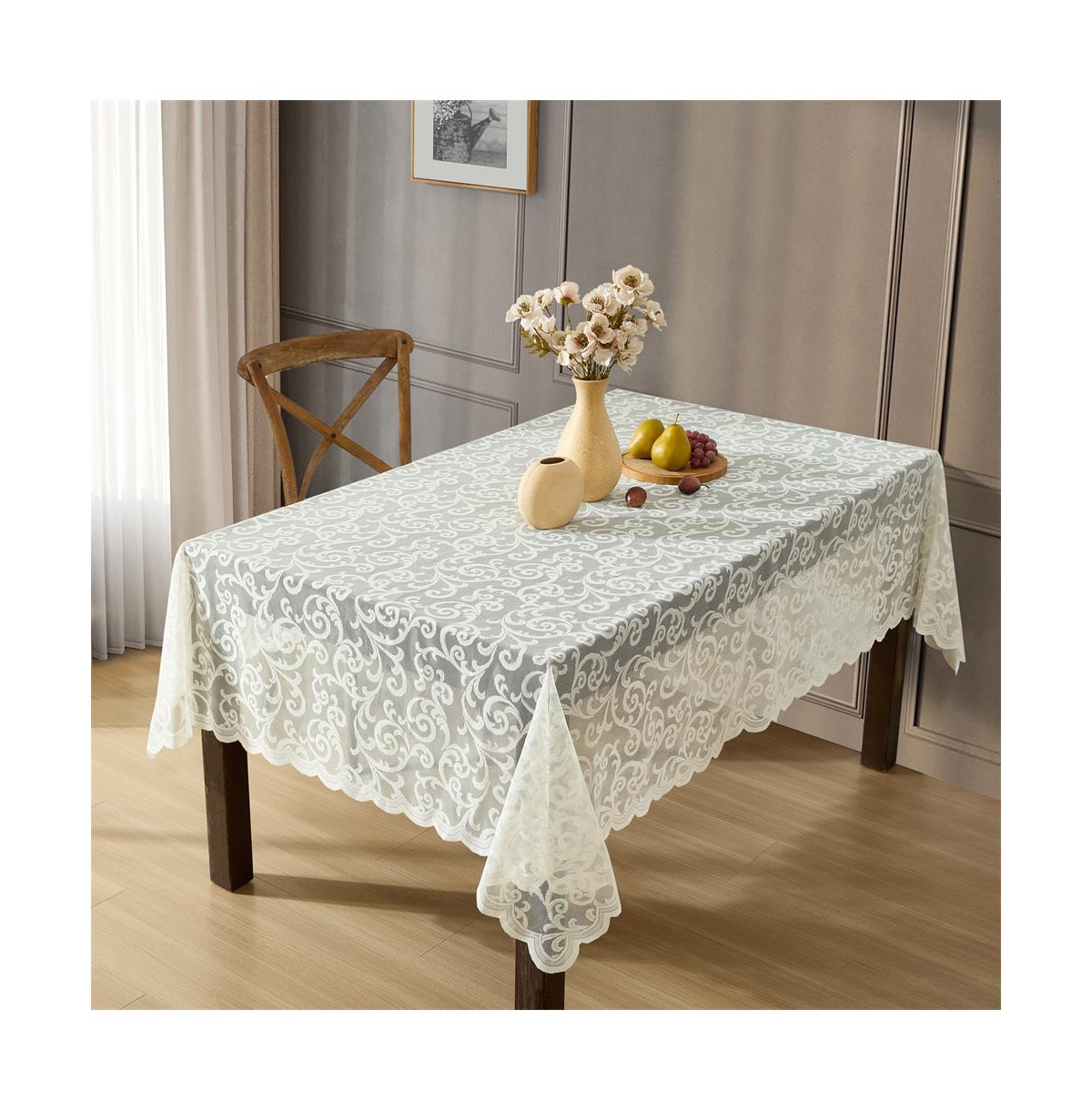 Scroll Lace Fabric Tablecloth, Lace Fabric Table Cloth for Rectangle Tables, Wrinkle Resistant Tablecloth, Patterned Scalloped Tablecloth (60 W