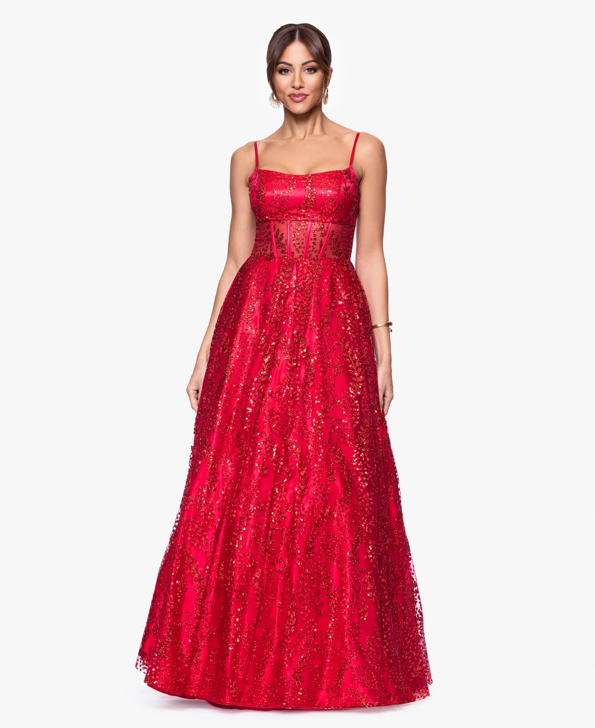 Juniors' Sequinned Glitter Corset Ball Gown - Red