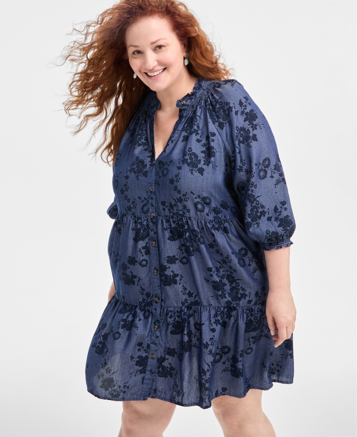 Style & Co Plus Size Printed Chambray Babydoll Dress, Exclusively At Macy's In Floral Industrial Blue
