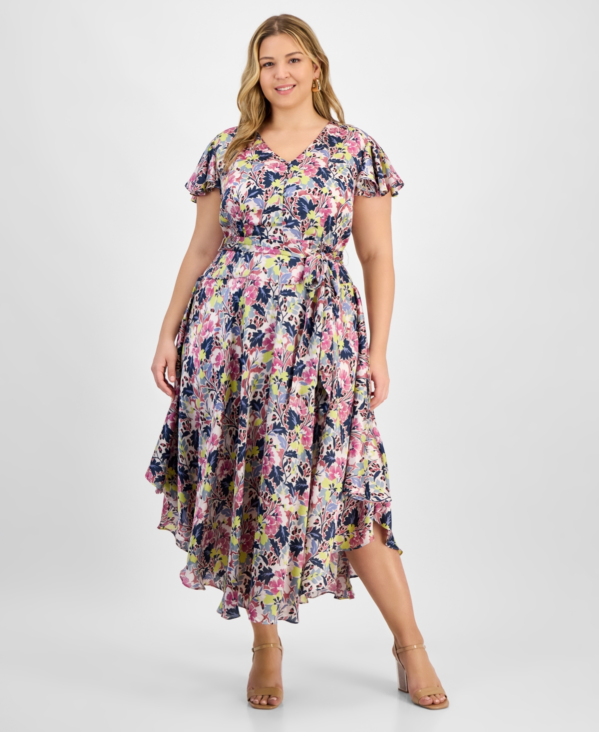 Plus Size Flutter-Sleeve Belted Dress - Violet Blush