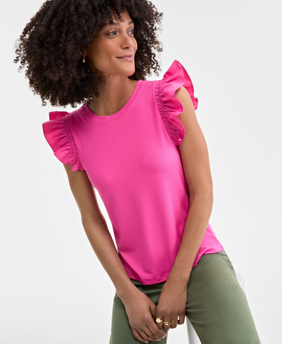 On 34th Women's Ruffle-sleeve Knit Top, Created For Macy's In Pink