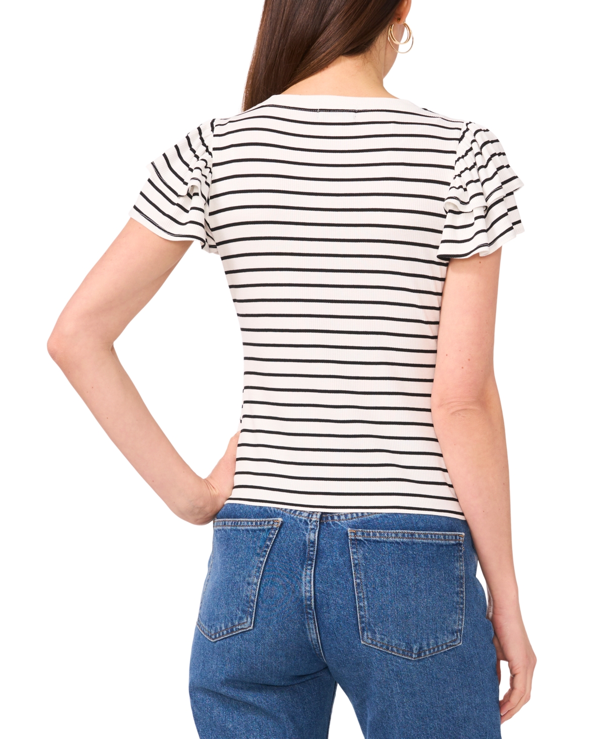 Sam & Jess Petite Ribbed Flutter-sleeve Striped Top In New Ivory Stipe