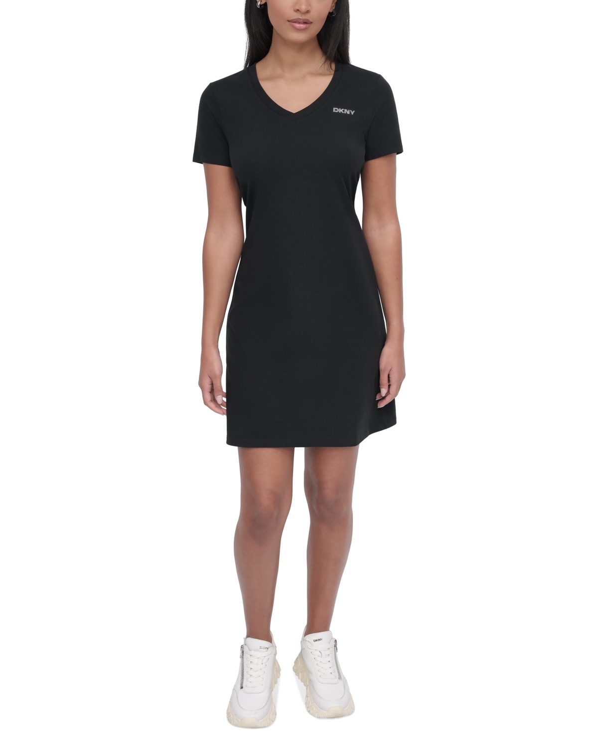 DKNY SPORT WOMEN'S STUDDED-LOGO V-NECK T-SHIRT DRESS 