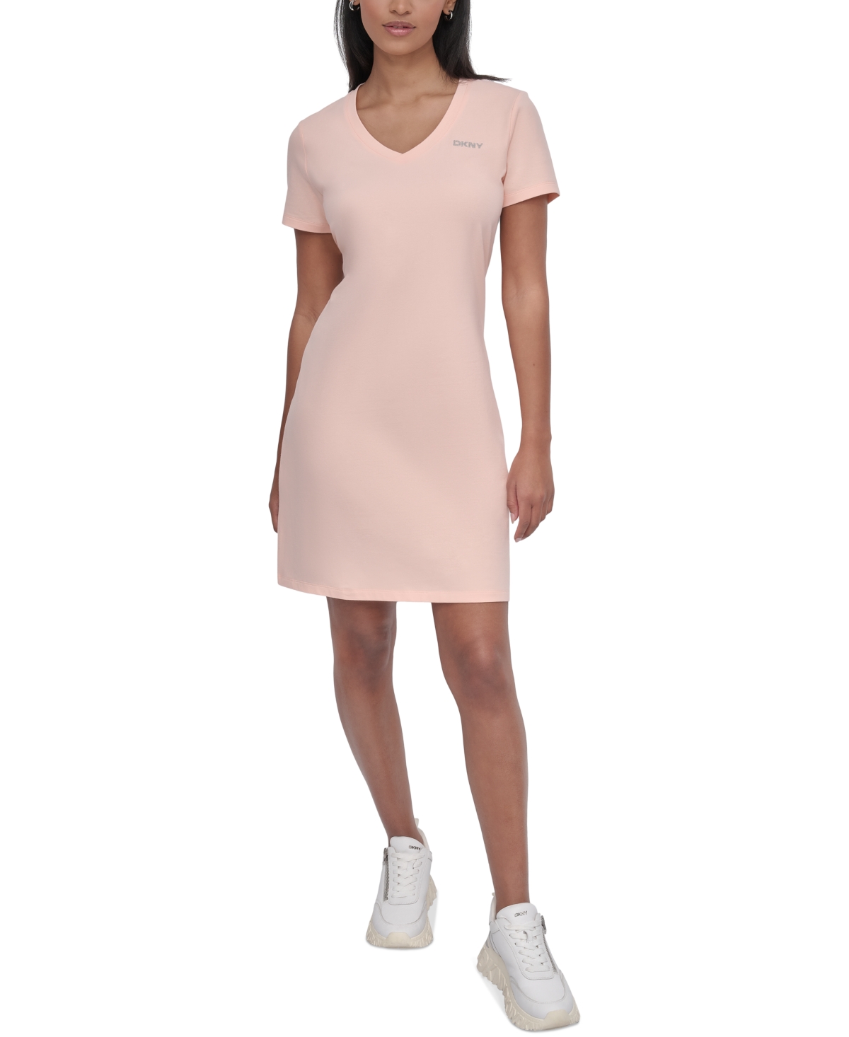 DKNY SPORT WOMEN'S STUDDED-LOGO V-NECK T-SHIRT DRESS 