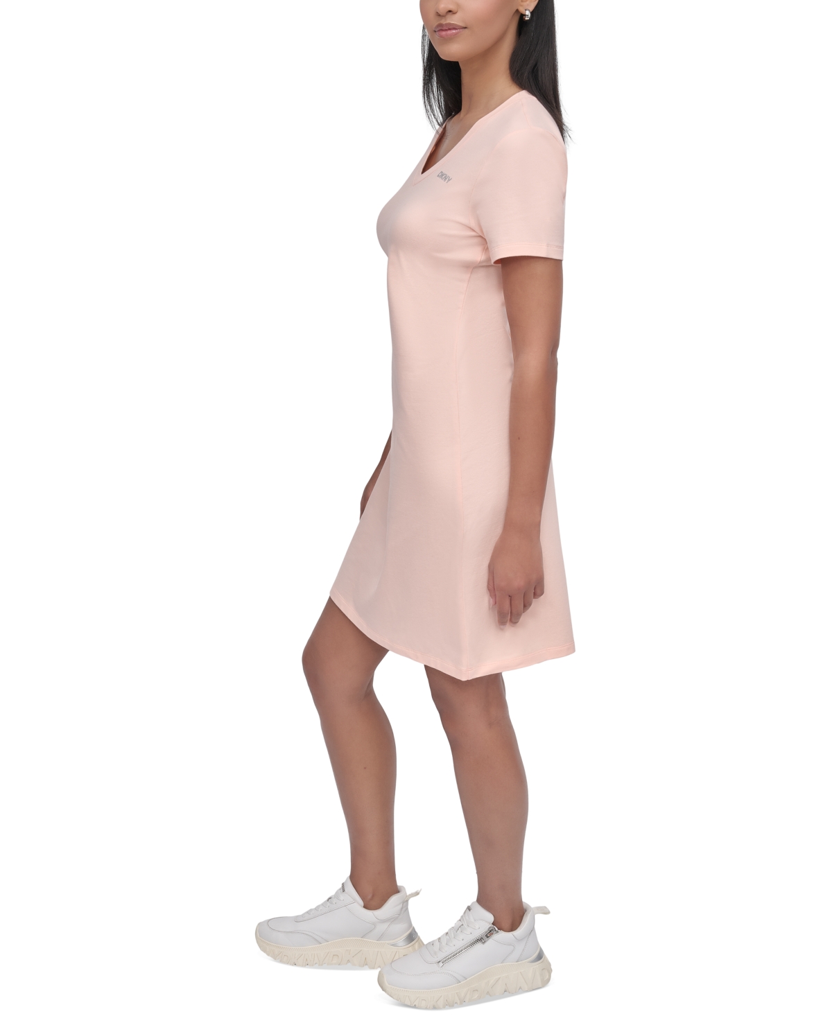 Shop Dkny Sport Women's Studded-logo V-neck T-shirt Dress In Tropical Peach