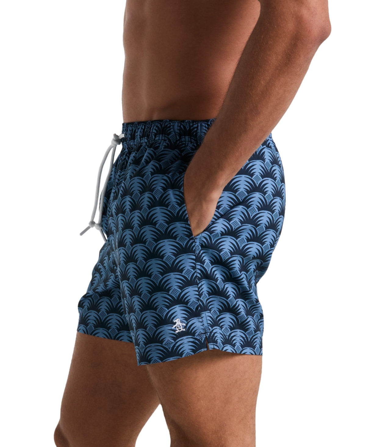 Original Penguin Men's Slim Fit Geo Palm Print Drawstring 5" Swim Trunks In Dark Sapphire