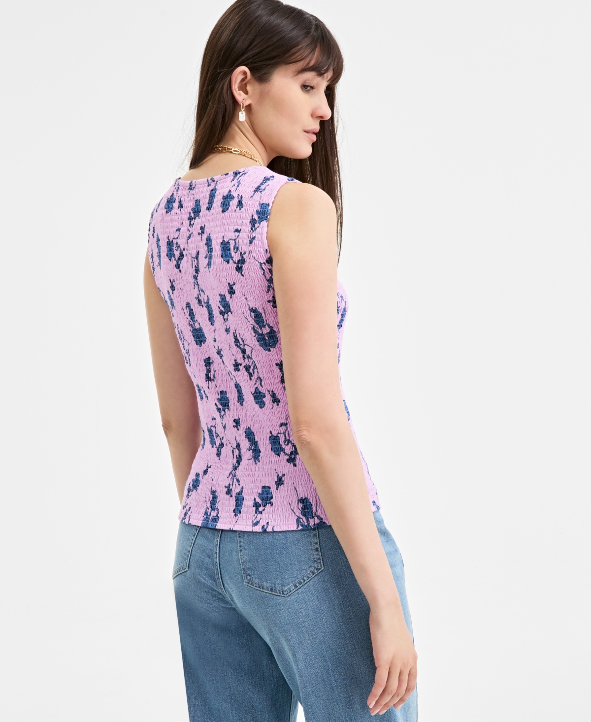 On 34th Women's Knit Floral Smocked Square-neck Tank Top, Exclusively At Macy's In Orchid Bouquet Combo