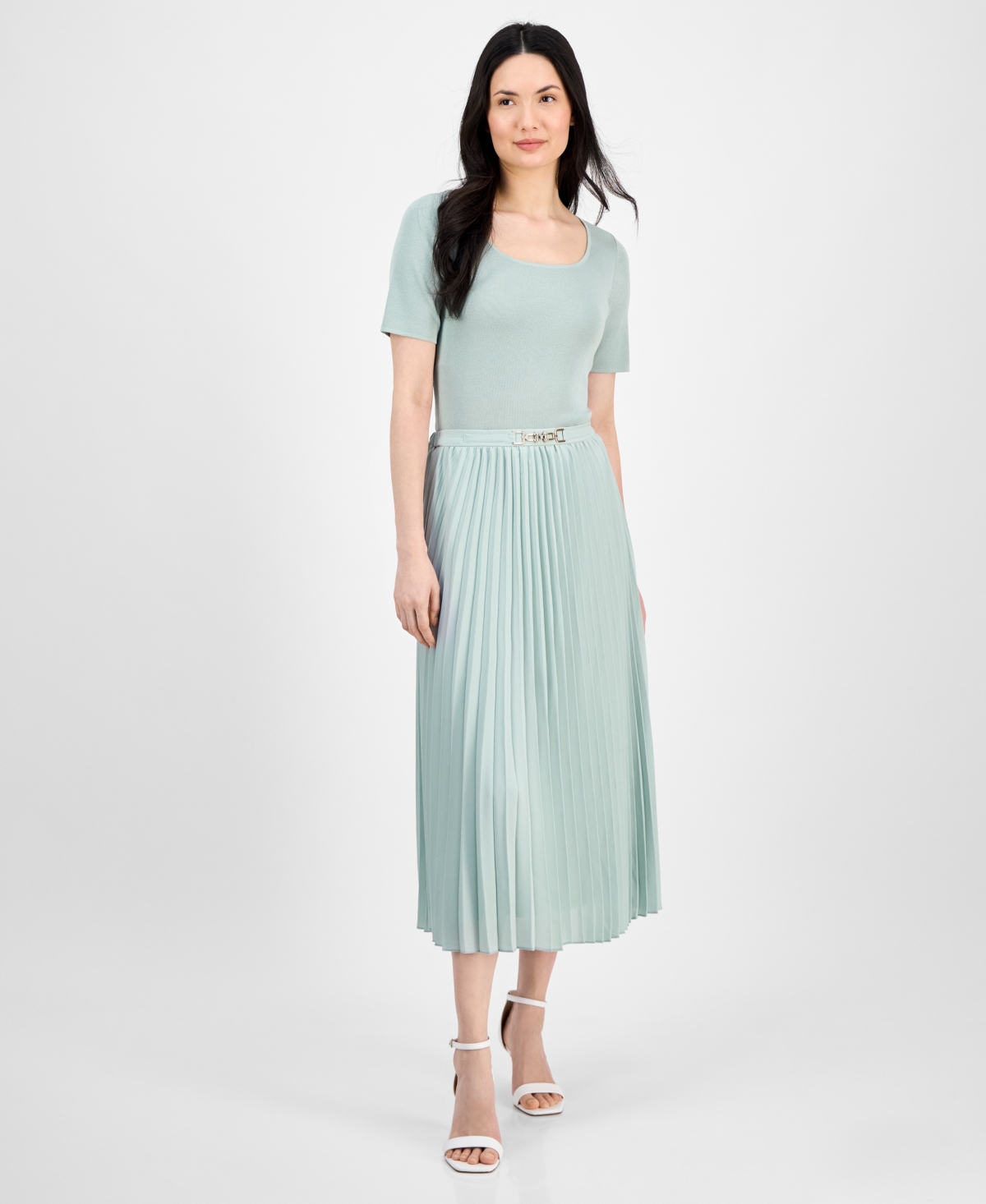 Shop Anne Klein Women's Pleated Pull-on Belted Midi Skirt In Soft Aloe