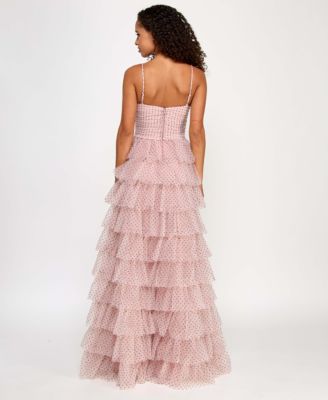 Juniors' Ruffled Side-Slit Bow-Trim Ball Gown