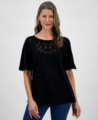 Style & Co - Women's Flutter-Sleeve Embroidered Top