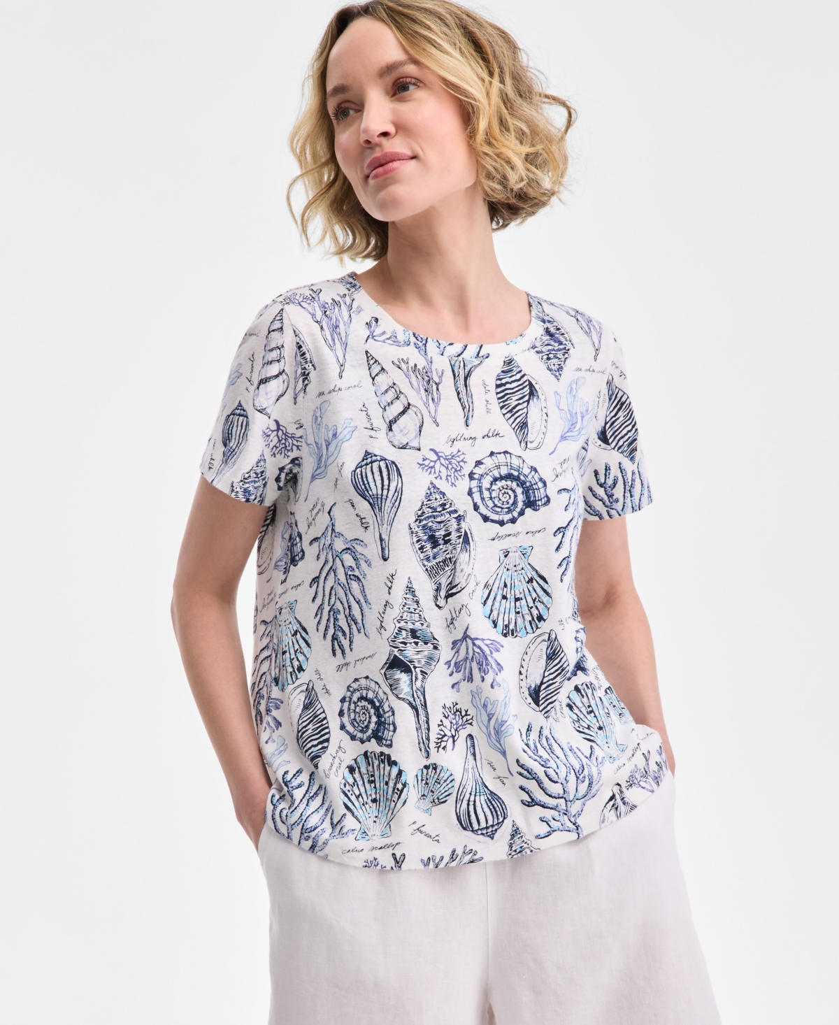 Women's Printed Crewneck Short-Sleeve Linen-Blend Top, Exclusively at Macy's - Bright White