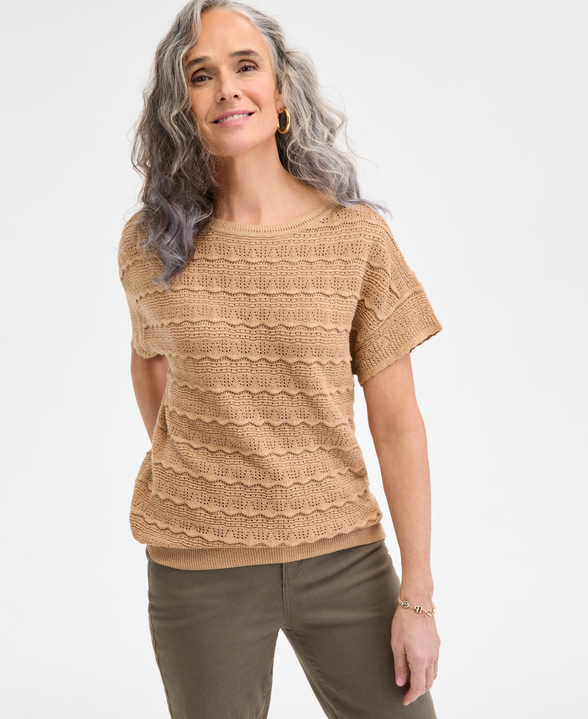 Style & Co Women's Metallic Pointelle Dolman-sleeve Sweater, Exclusively At Macy's In Lurex Camel