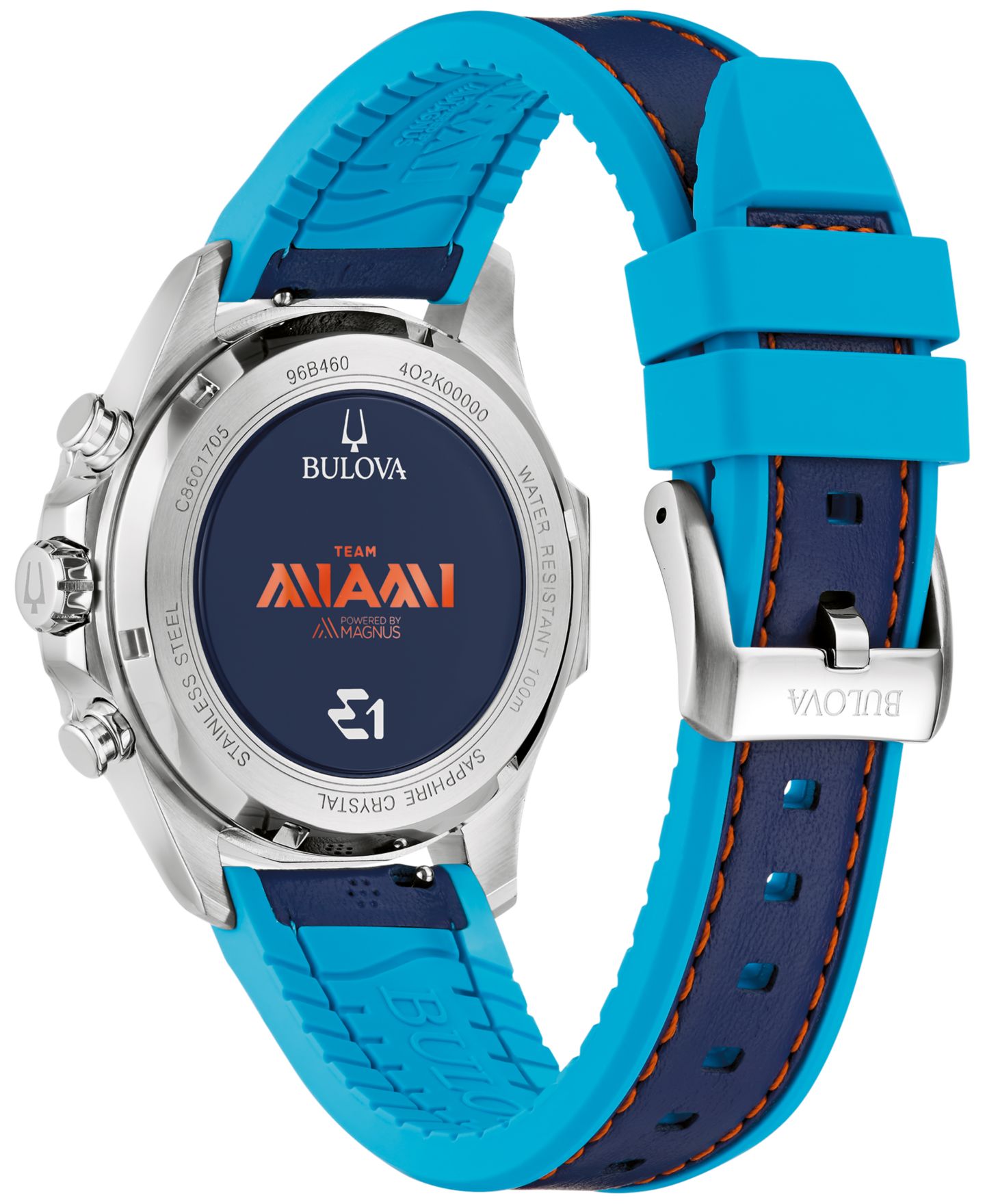 Мужские часы Bulova Marine Star E1 Team Miami Chronograph Blue Leather and Silicone Strap Watch 43mm — фото 3