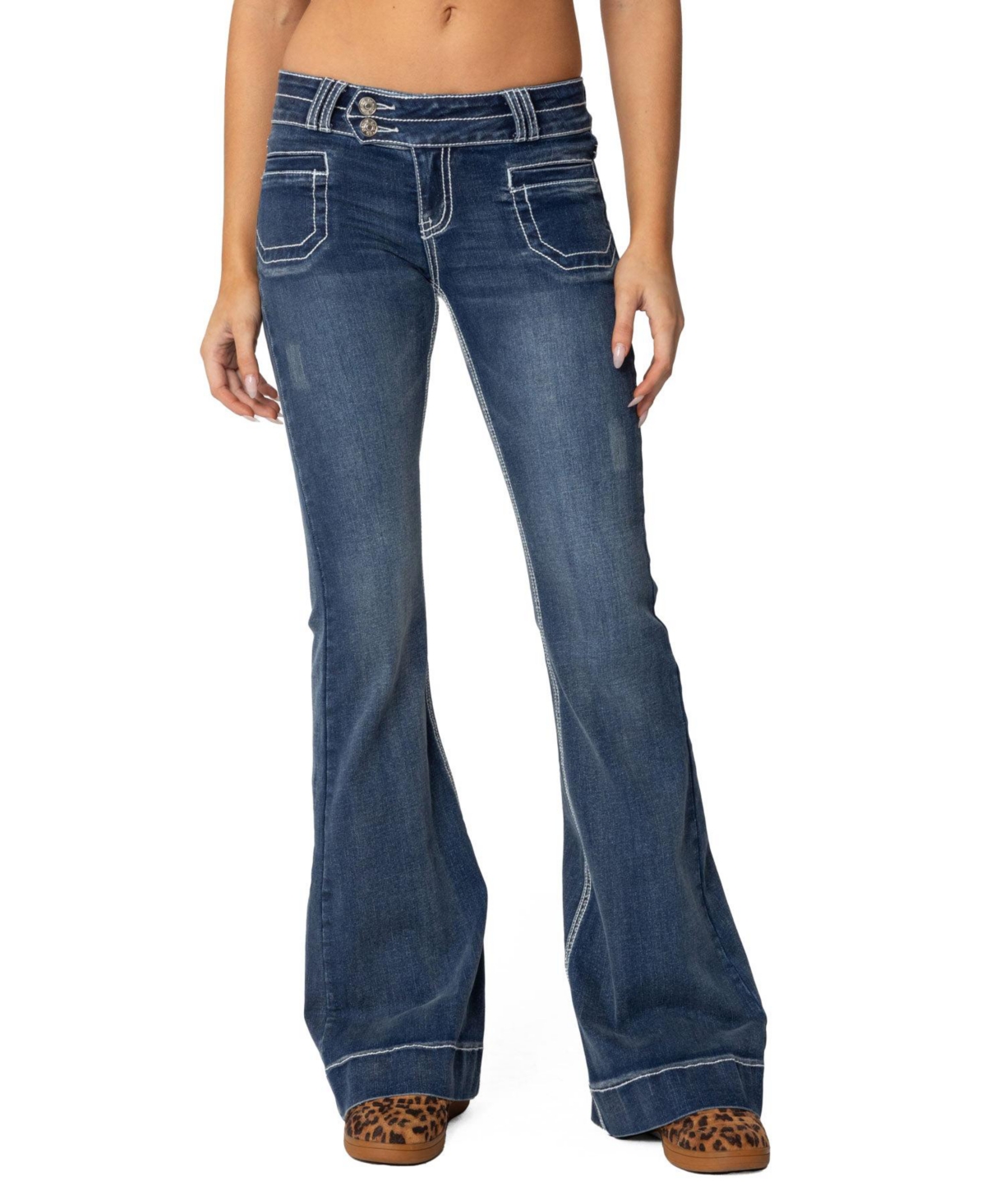 Womens Contrast Stitch Low Rise Flared Jeans - Blue washed