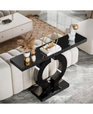 43-Inch Mirrored Console Table with O-Shaped Base, Modern Entryway Table Glass Sofa Table with Mirror Finish, Rectangle Narrow Accent Foyer Table for Living Room Hallway Entrance (Black)