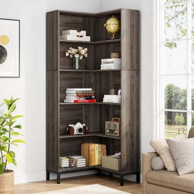 71 inches Corner Bookcase, 6-Tiers L-Shaped Bookshelf, White