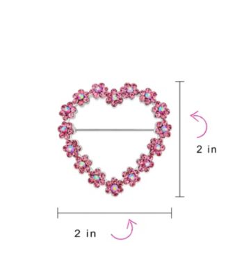 Romantic Pink Crystal Heart Flower Brooch Pin Rhodium Plated Alloy