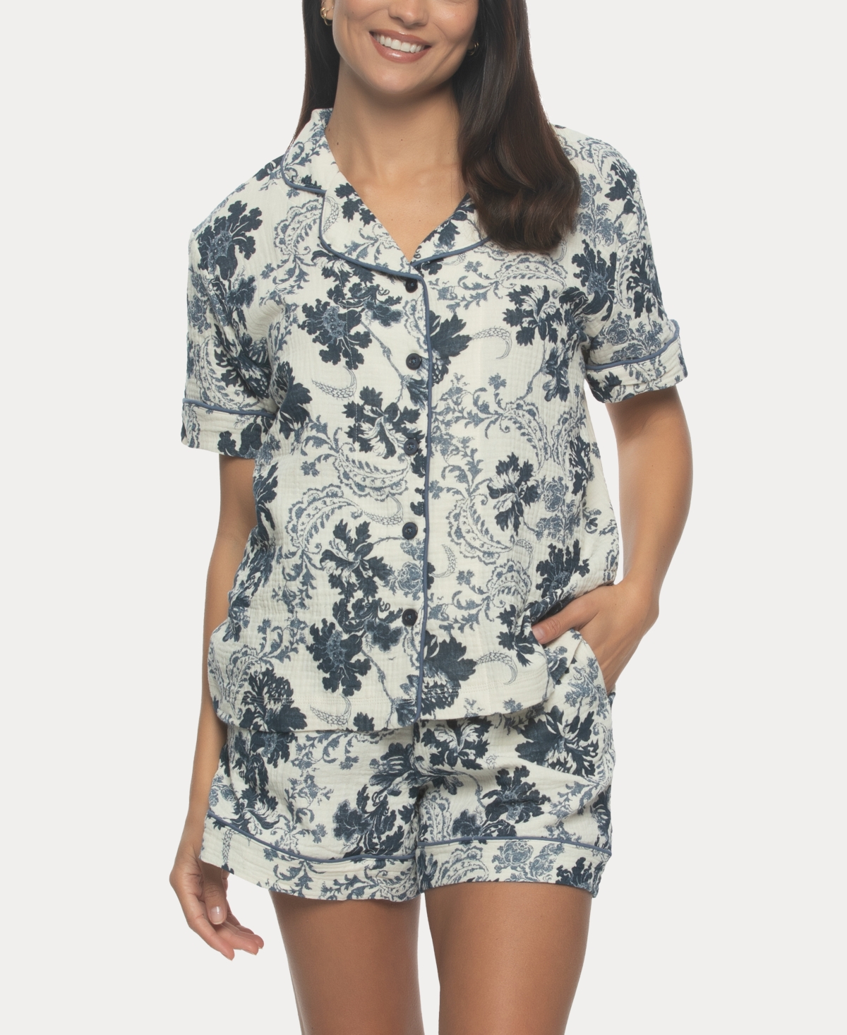 Women's Calista Cotton Gauze Short Sleeve Pajama Short Set - Floral Buds