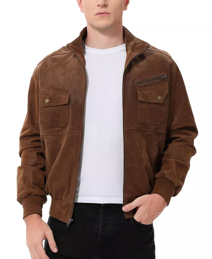 Men Civic Distressed Leather Bomber Jacket - thumbnail 6