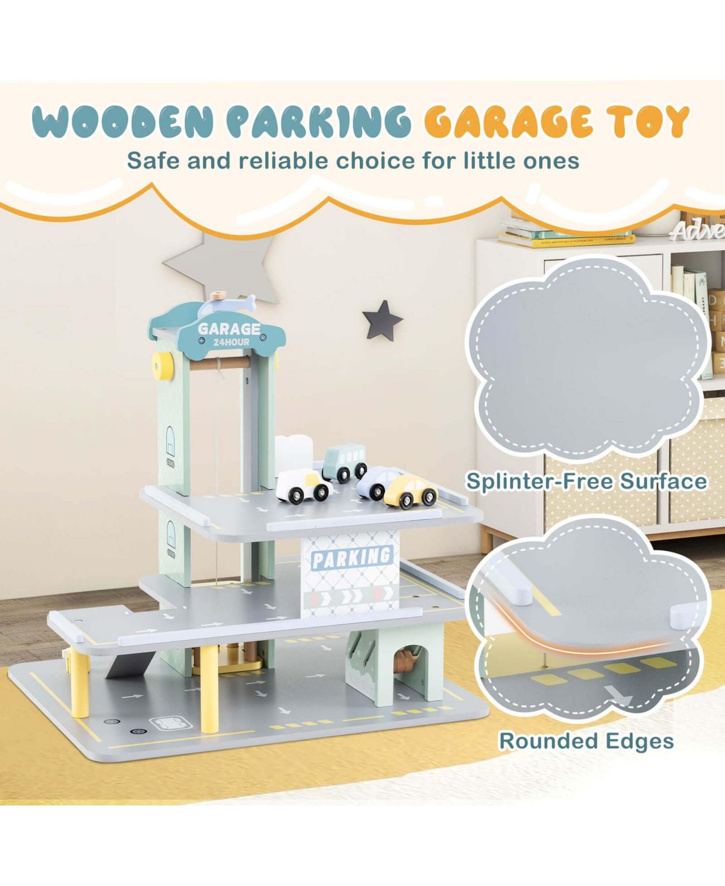 Детский игровой набор Costway 3-Tier Wooden Garage Playset with Working Elevator Helipad Ramp Car, цвет: Серый — фото 8