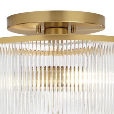 McKenzie 14" Mid Century Modern 2-Light Semi Flush-Mount Ceiling Light Fixture Kitchen Foyer Hallway Drum Round Warm Brass Finish Ribbed Glass Metal Bedroom Bathroom Entryway - Possini Euro Design