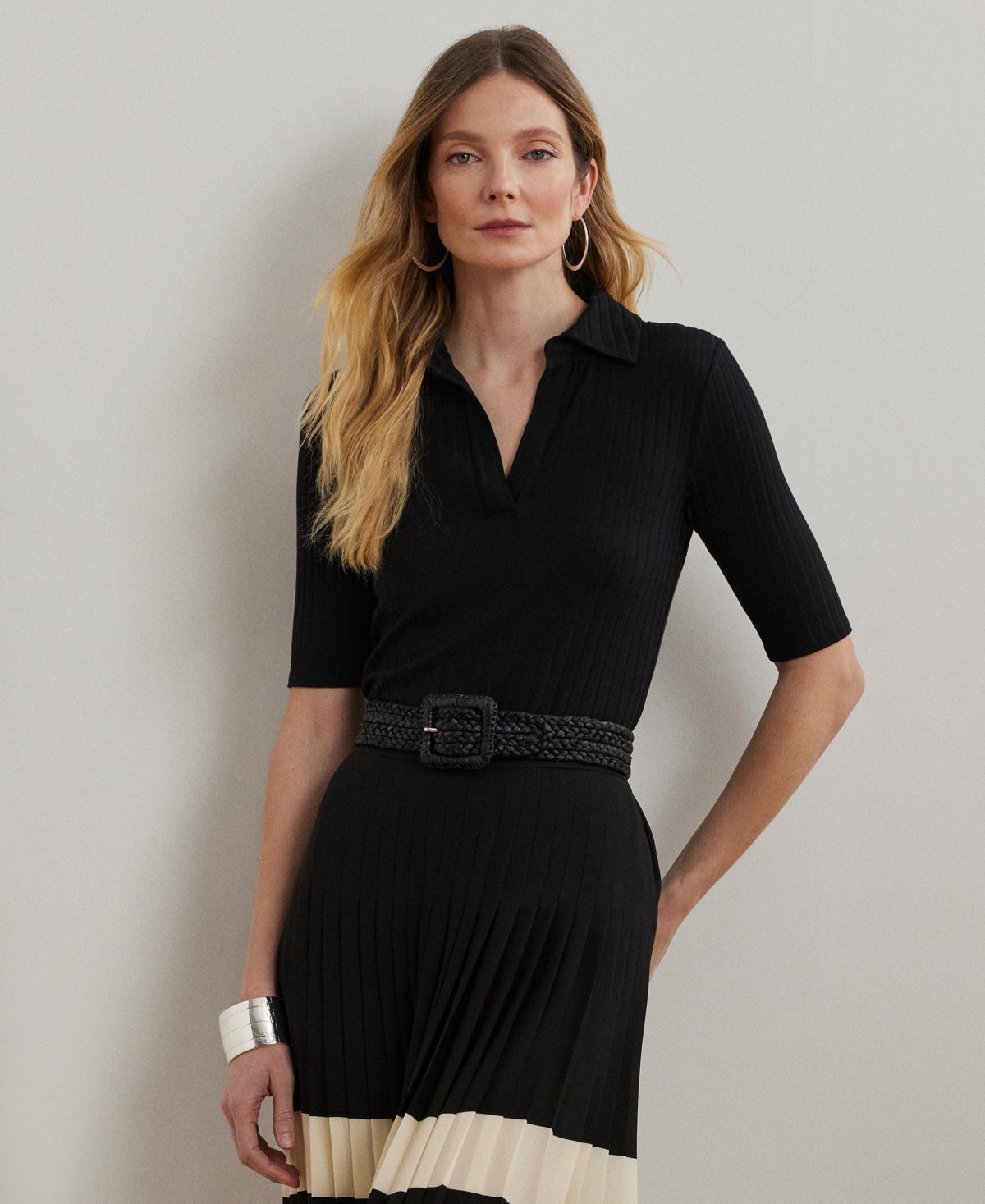 RALPH LAUREN WOMEN'S RIB-KNIT ELBOW-SLEEVE POLO TEE 