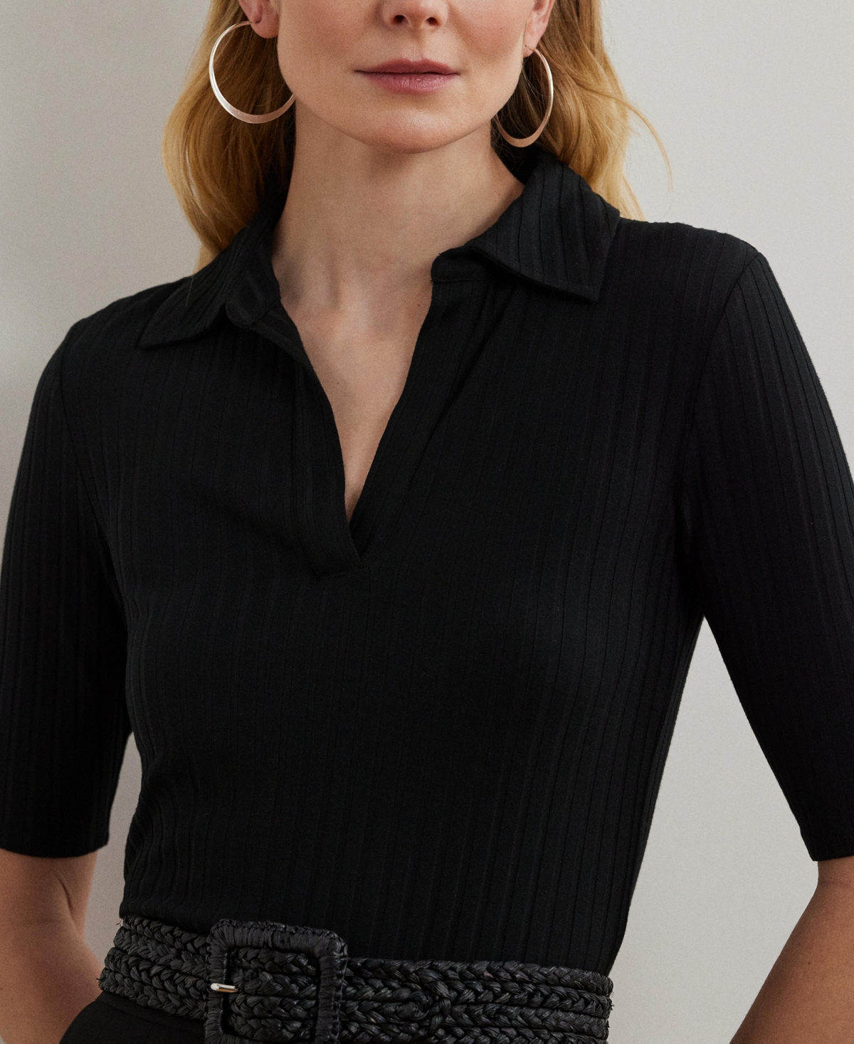 RALPH LAUREN WOMEN'S RIB-KNIT ELBOW-SLEEVE POLO TEE 