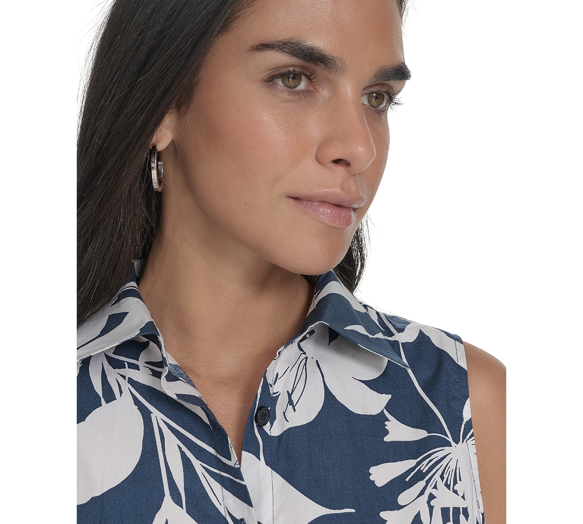 Calvin Klein Floral Sleeveless Cotton Shirtdress In Indigo Multi