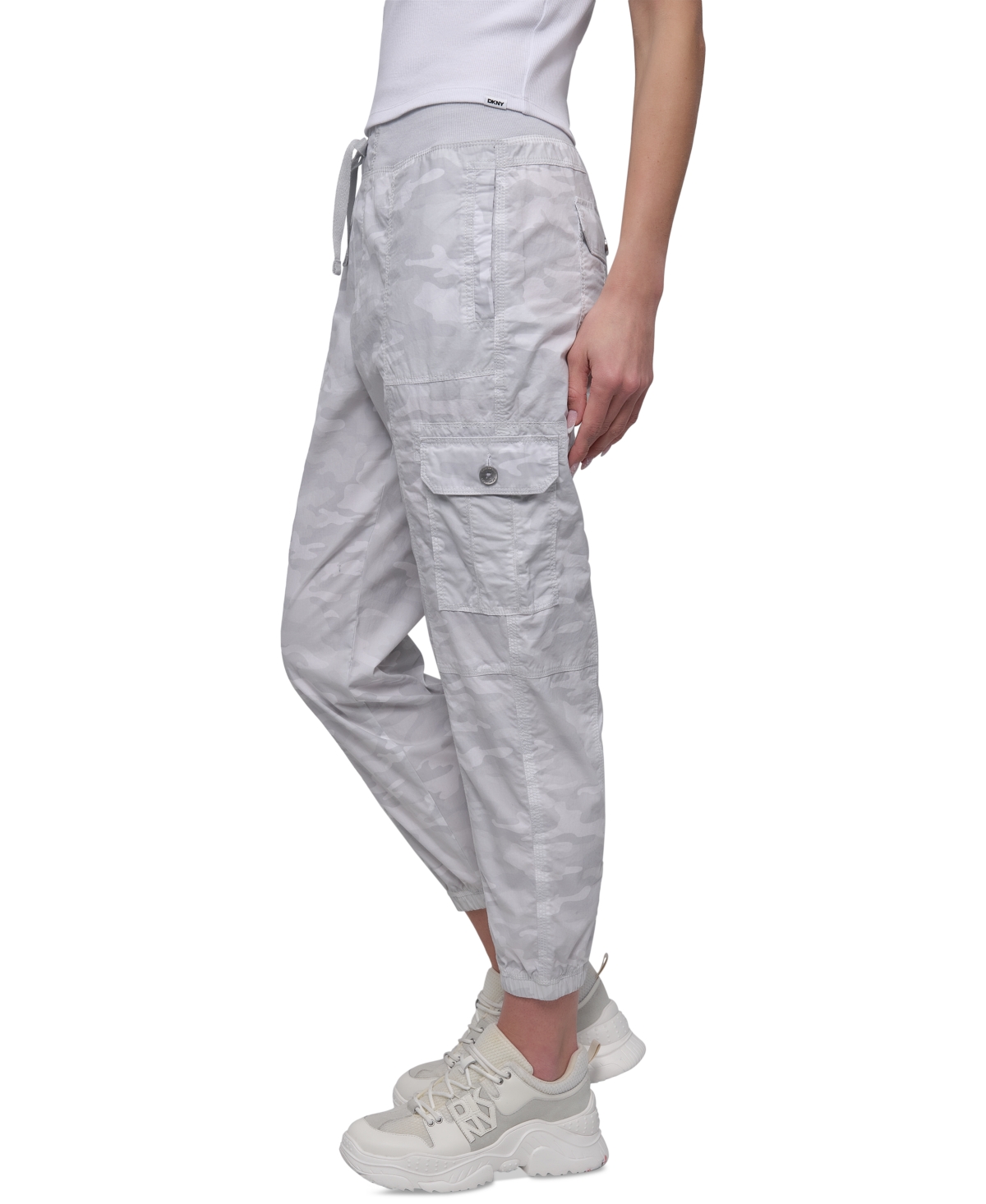 Dkny Sport Women's Cotton Ribbed-waist Jogger Cargo Pants In Camo Vapor Grey