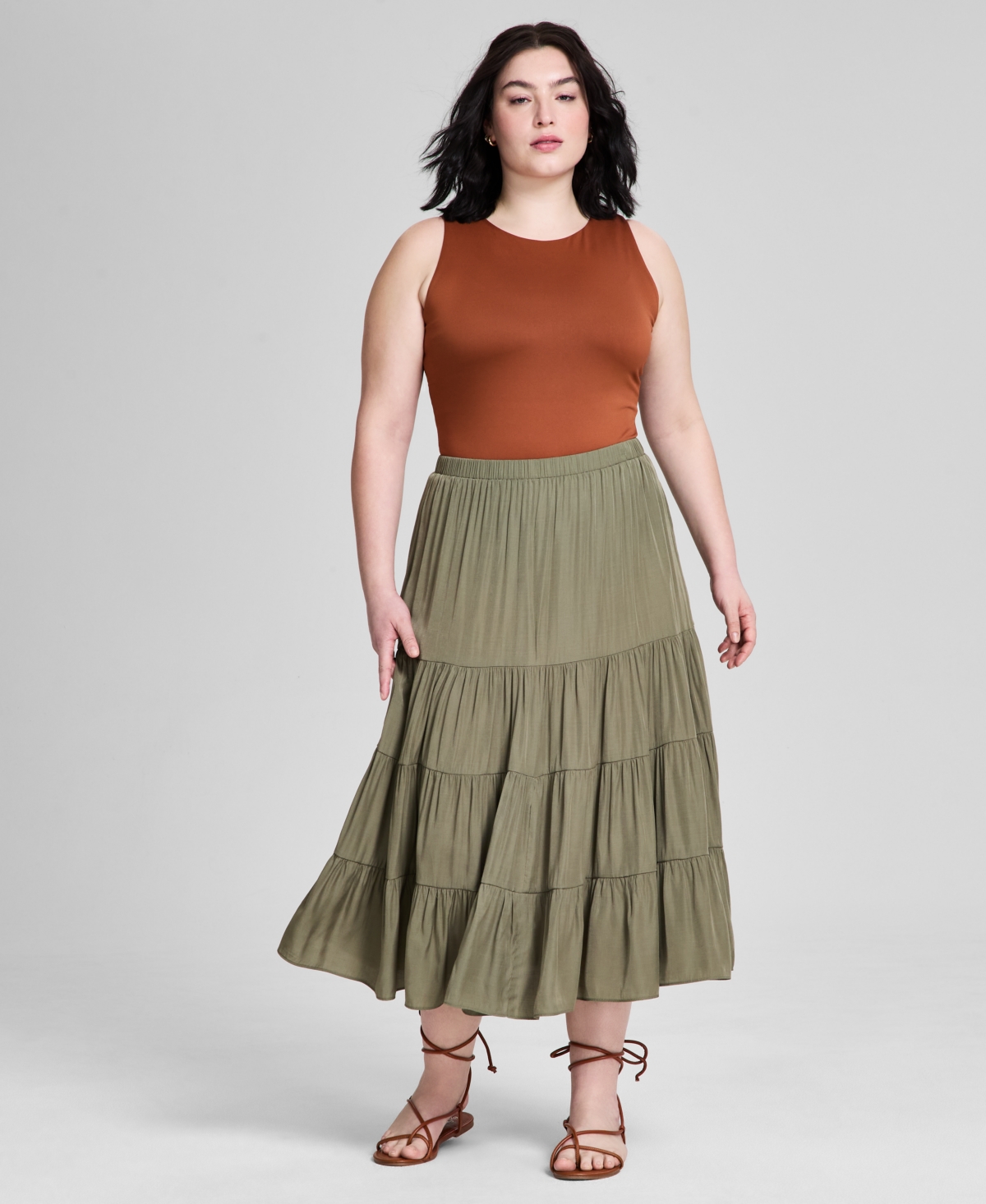And Now This Plus Size Pull-on Tiered Midi Skirt
