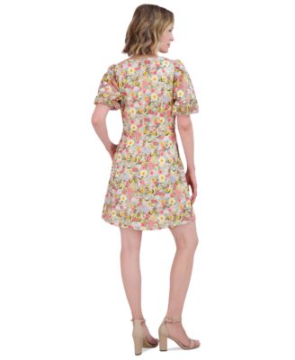 Eliza J Petite V-Neck Puff-Sleeve Embroidered Dress - Macy's