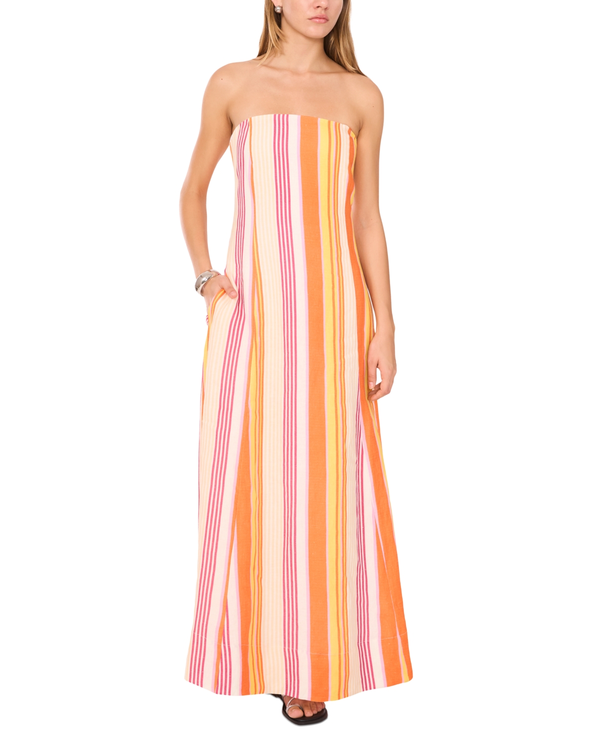 1.state Stripe Strapless Linen Blend Maxi Dress In Peach Cream