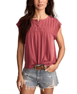 Lucky Brand - Women's Smocked Short-Sleeve Henley Top