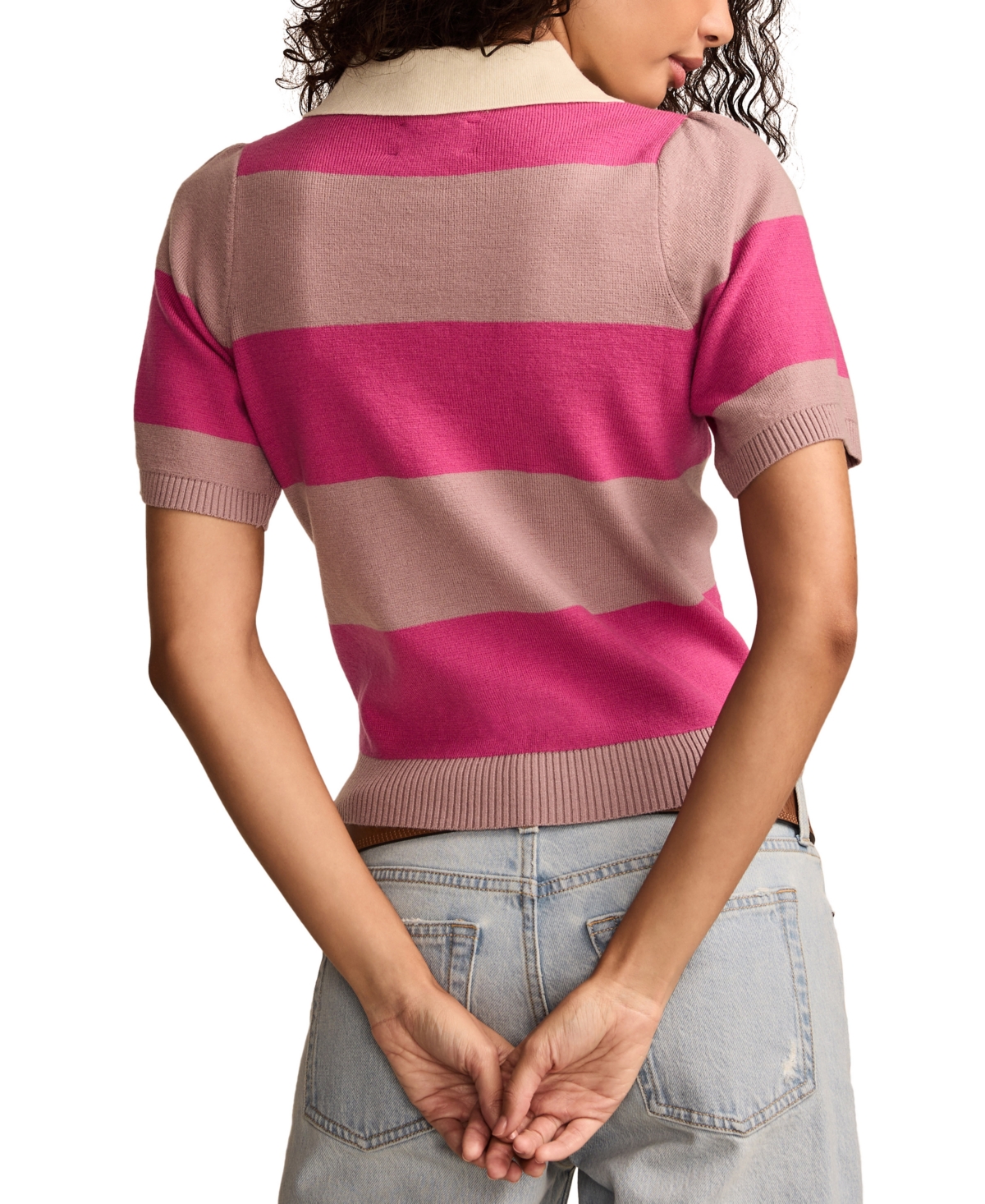 LUCKY BRAND WOMEN'S STRIPED SHORT-SLEEVE RIBBED-HEM POLO TOP 