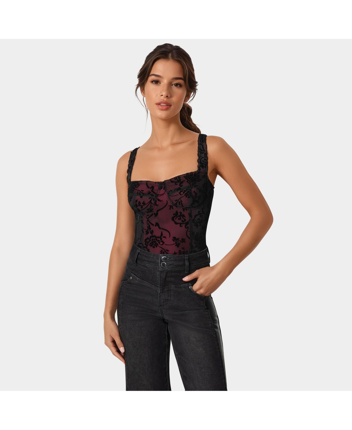 Women's Flocked Mesh Bodysuit - Biking red / black