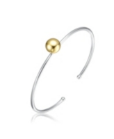 Sterling Silver Two-Tone with 14K Gold Plated Sphere and Sleek White Gold Plated Design Open Cuff Bracelet - Gold