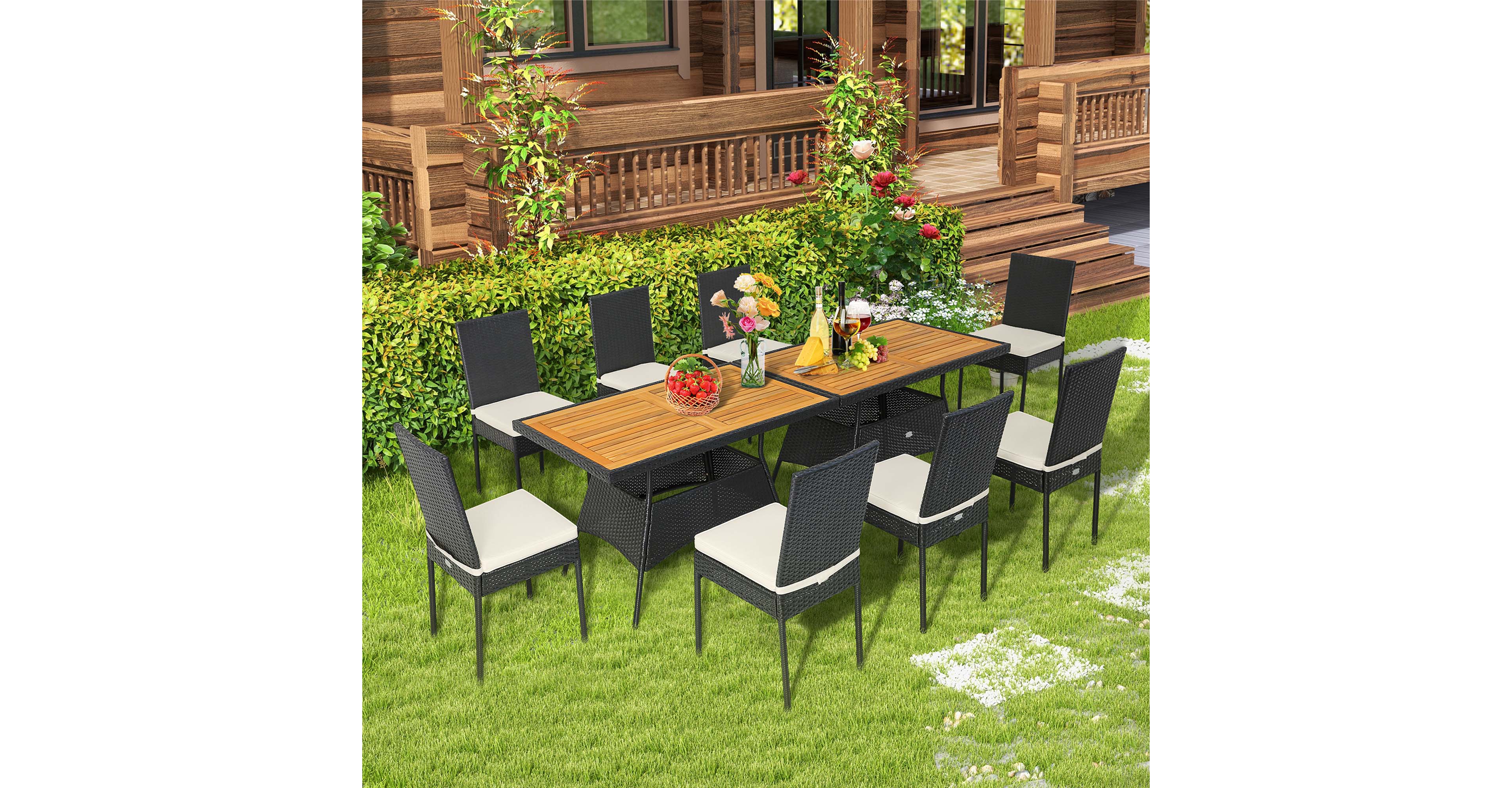 10 Pcs Patio Rattan Dining Set Rectangular Wood Top Tables Cushioned Chair Garden